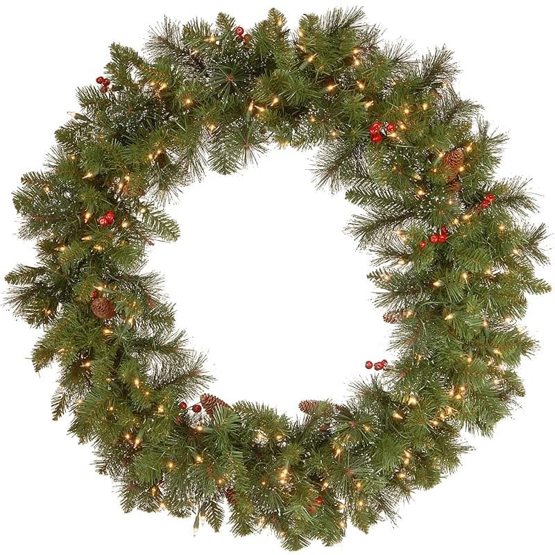 TEMU Pre-lit Artificial Christmas Wreath, Green, , White Lights, Decorated With Pine Cones, Berry Clusters, Frosted Branches, Christmas Collection