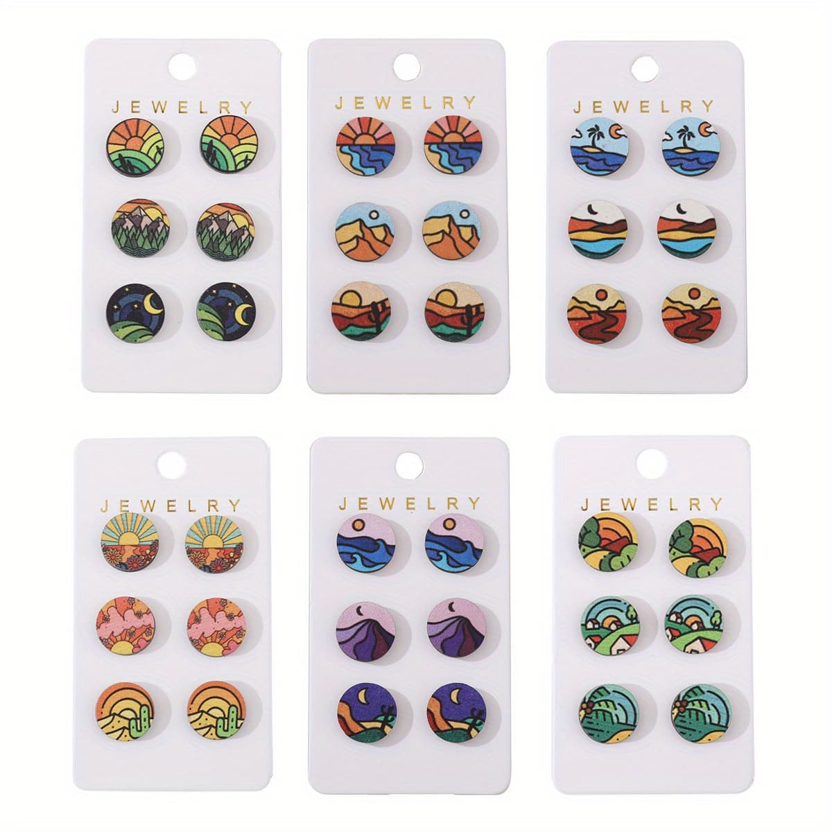 TEMU 18 Pairs Set Of Vintage Bohemian Landscape Sunset Mountains Pine Trees Cactus Round Earrings Spring Geometric Wooden Ear Jewelry Gift