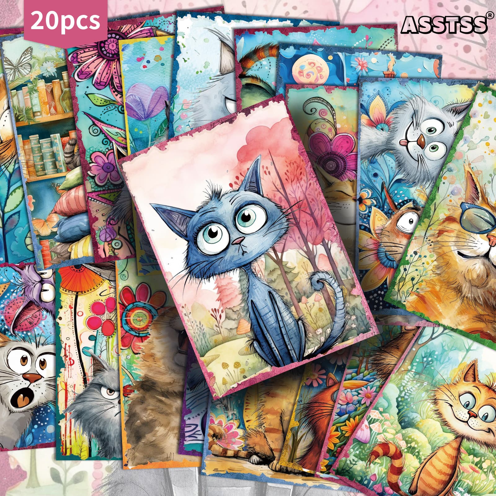 TEMU Set Of 20 Assorted Watercolor Postcards Featuring Fun And Quirky Cats, Measuring 4x6 Inches. Ideal For Retro Junk Journals, Scrapbooking, And As Collectible Decorative Art Cards For Crafting