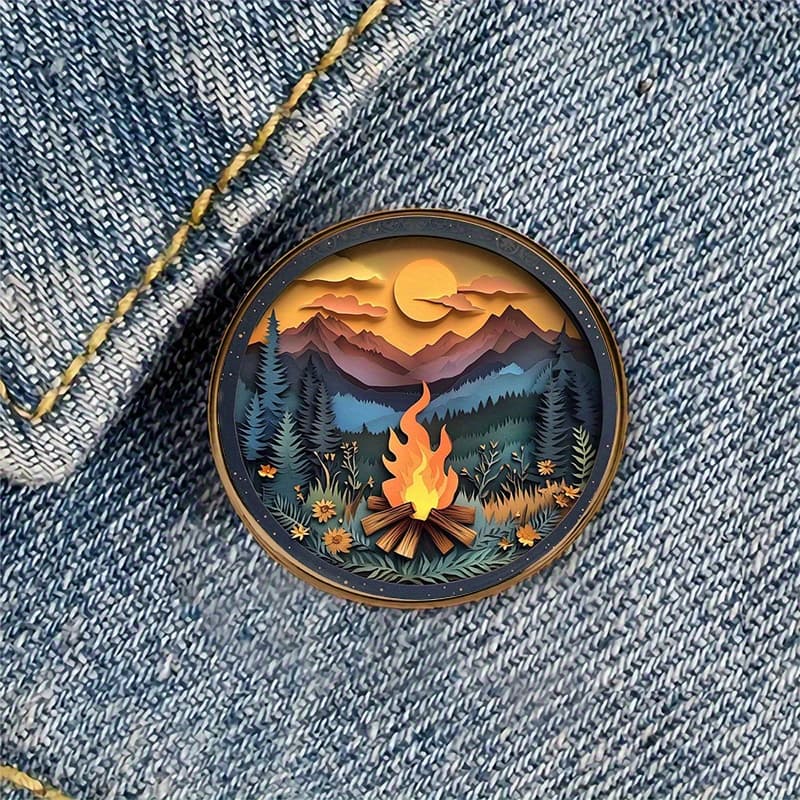 TEMU 1pc Nature Landscape Campfire Alloy Resin Round Brooch Badge Perfect For Backpacks, Hats, Clothes, Shoes, And Boots Decoration