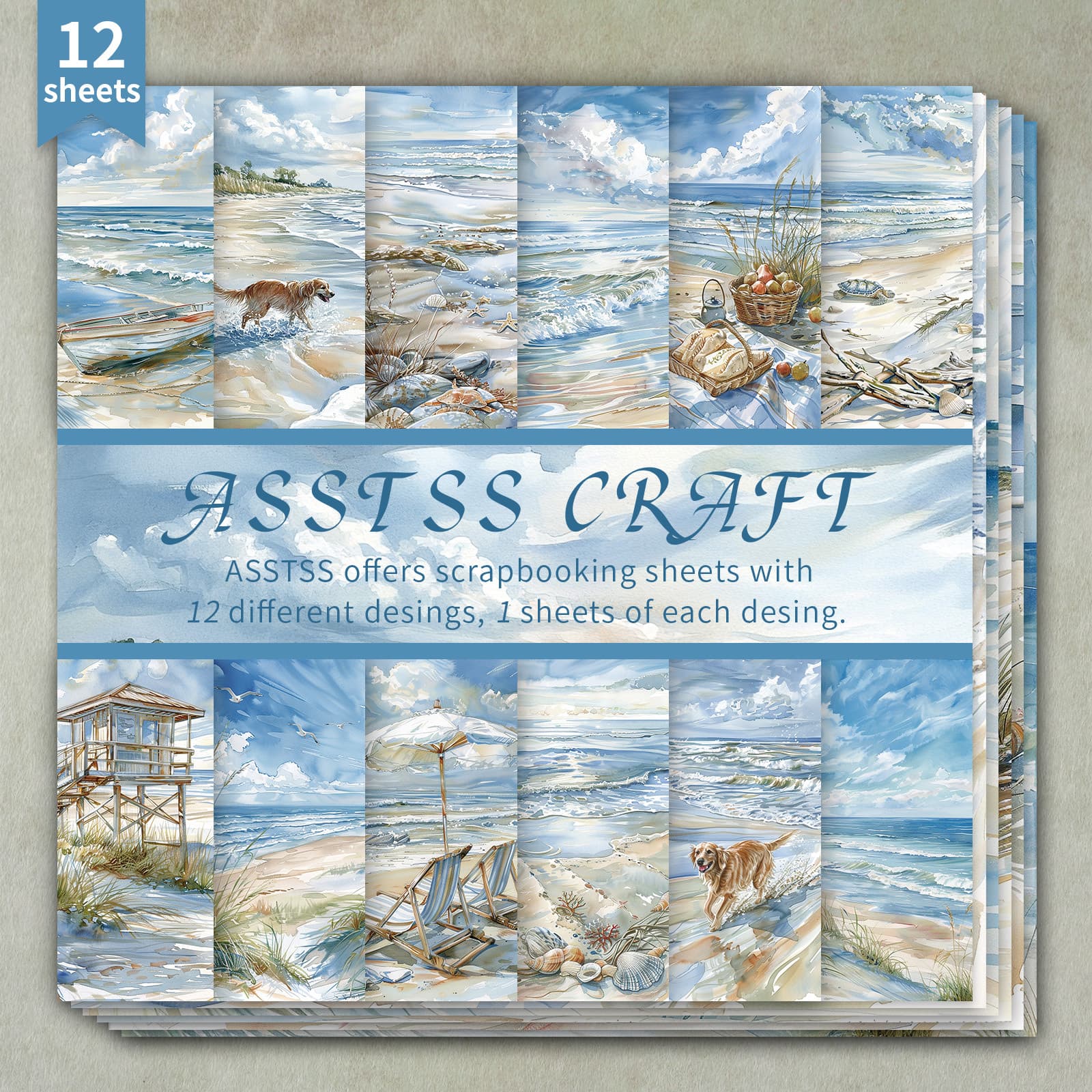 TEMU 12-sheet Asstss 6*6inch Scrapbooking Paper Pad, Summer Coastal Vacation Watercolor Style Backing Paper Supplies, Heavyweight Cardstock For Journaling, Collage Art, & Crafts, 6"x6" Pack