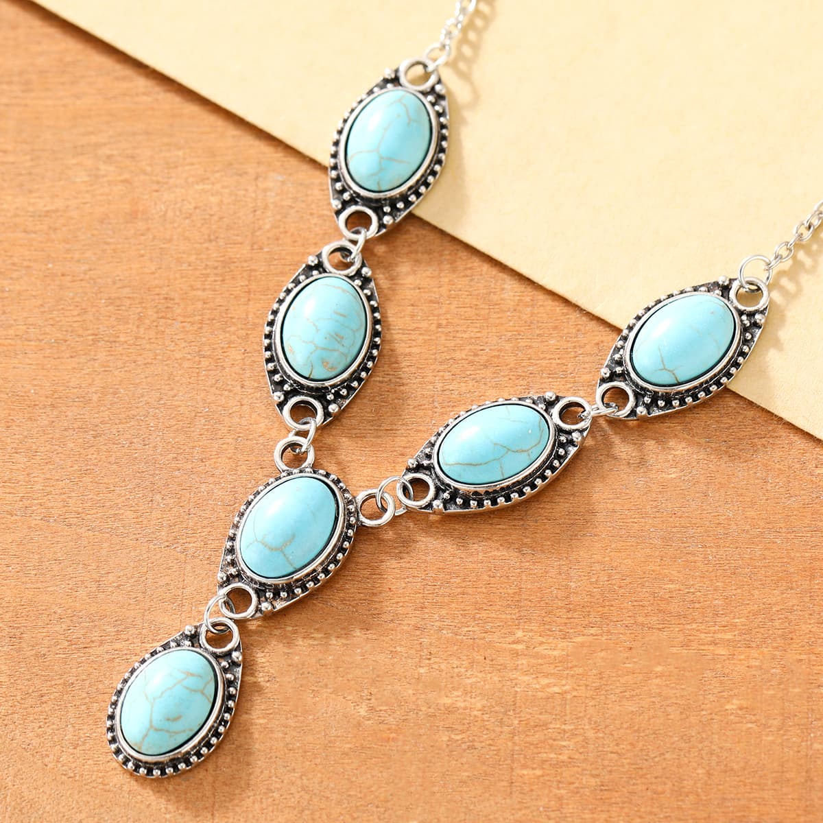 TEMU Bohemian Vintage Ethnic Style Creative Oval Synthetic Turquoise Inlaid Y-shaped Necklace, Trendy Versatile Jewelry For Women