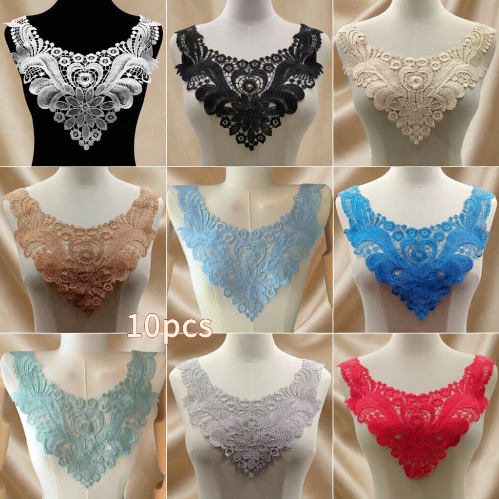 TEMU 10pcs Water Soluble Embroidered Lace Collar Set, Exquisite Floral Lace Trim Applique For Shirts, Dresses And Jackets