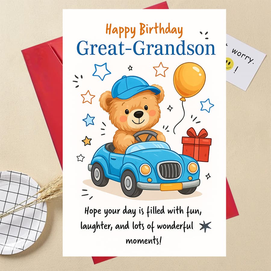 TEMU 1pc Happy Birthday Card For Great Grandson Featuring Cute Bear In A Blue Car With Balloon And Gift Perfect For Grandparents To With Fun And