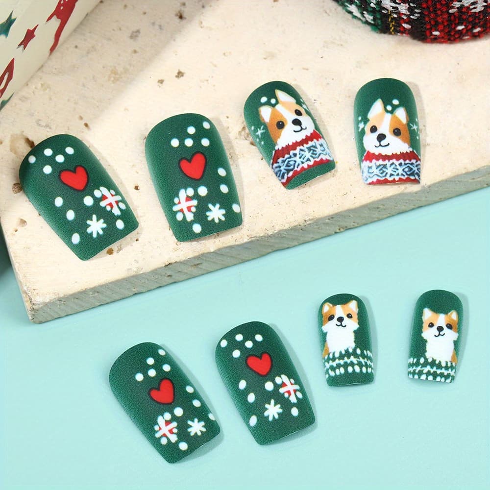TEMU 48 Decorative Christmas Snowflake Nails Featuring A Cute Corgi Design For Festive Nail Art