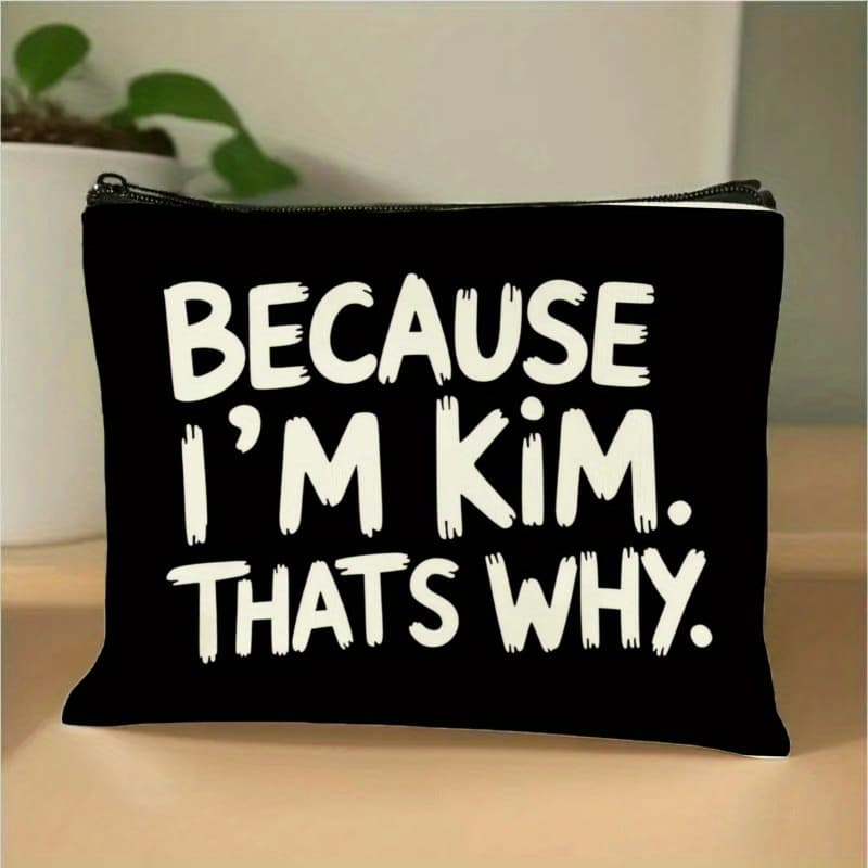 TEMU 1 Black Zipper Makeup Bag With ' I'm Kim. .' Print | Modern Minimalist , Machine Washable Fabric, Suitable For Cosmetics Storage, Travel Toiletry Bag And Storage Pouch, Unisex
