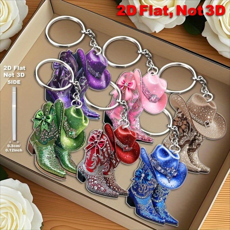 TEMU 2d Flat - 1pc Or 6pcs Of Jeweled Sparkling Cowgirl Boot Keychains - Western-themed Charms For Keys Or Bags, Perfect For Back To School And Christmas Presents