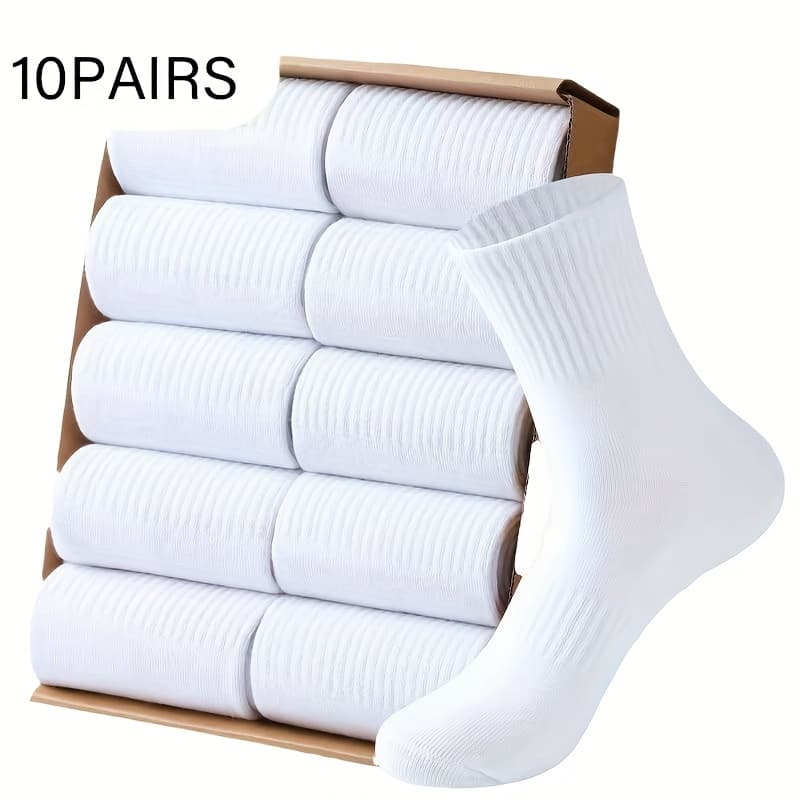 TEMU 10-pair/5-pair Men's Winter Socks- Mid-calf And Ankle White Socks, Suitable For Casual, Business, And Sports| , Durable Large Pack Mid-calf Socks, Fitness, Casual Wear-