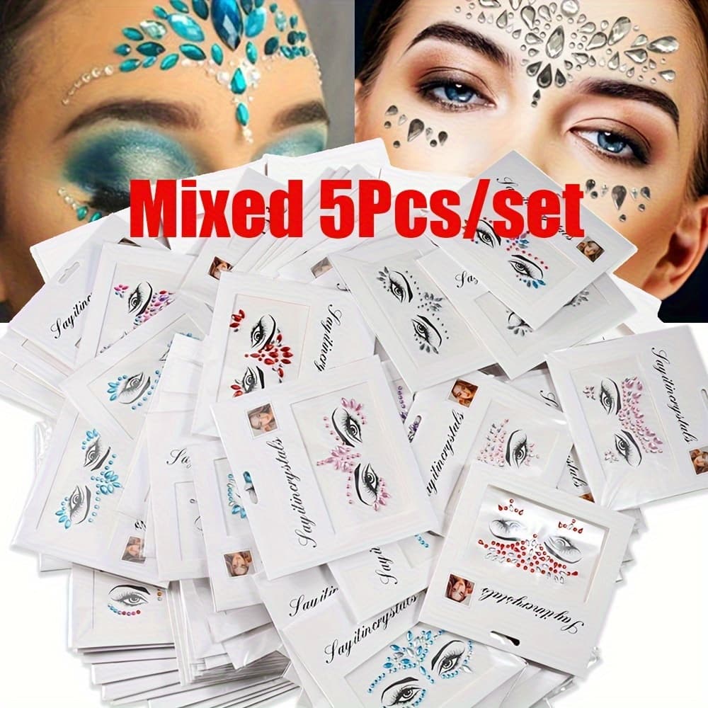TEMU 5pcs-set Mixed Diamond Face Stickers | Colorful Glitter Decal, 3d Self-adhesive, Small-size, Resin Material