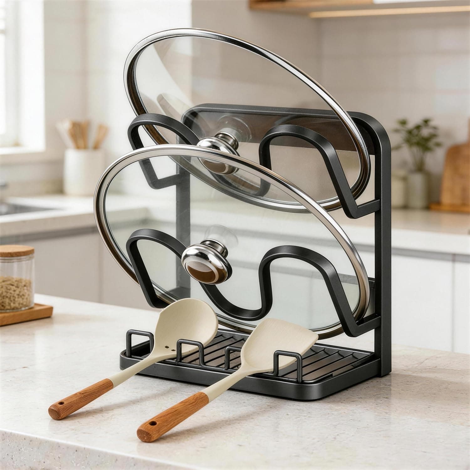 TEMU Kitchen Pot Lid Storage Rack: Carbon Steel Double-layer Holder And Spoon Rest With Removable Drip Tray, Kitchen Pot Lid Holder, Space-saving Cabinet Pot Lid Organizer For Kitchen Counter (gray)