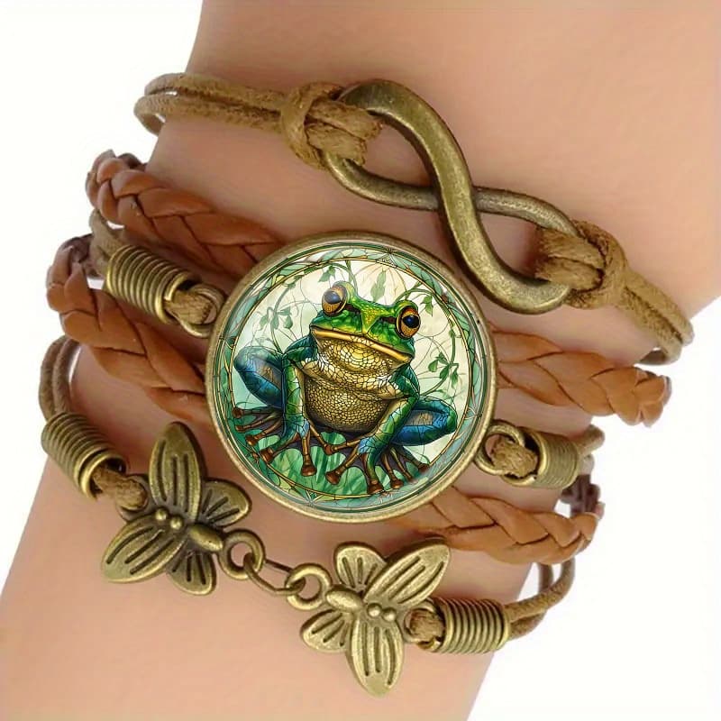 TEMU Bohemian Mandala Infinity Bracelet - Adjustable Pu Leather Stained Glass Frog Suitable For &, Brown Braided Round Mandala, Casual Wear Or Gift, Everyday Accessory, For Teenager