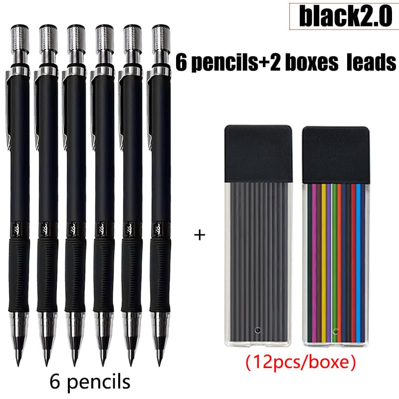 TEMU Premium 2.0mm Mechanical Pencil Set For - Includes 6 Pencils + 2 Boxes Of Leads, Hb Grade, Ideal For Sketching & Drawing