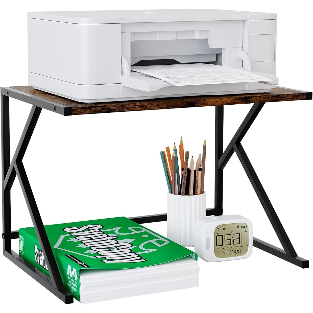 TEMU Elgatfrdm Metal Wood Desktop Printer Stand, Office Storage Shelves For Printer & Fax, Desk Organizer For Home, Brown