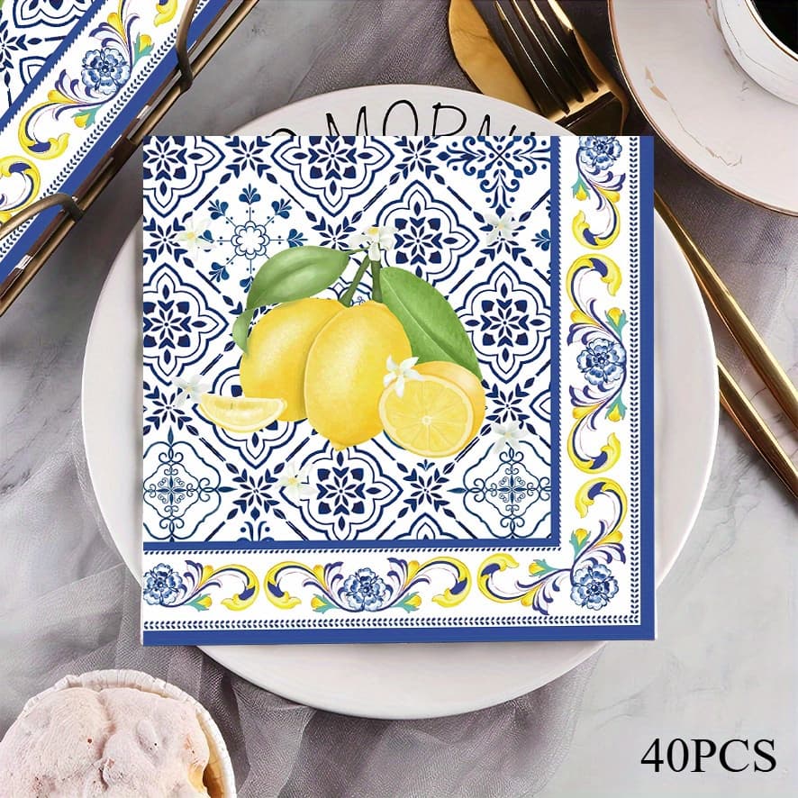 TEMU 40pcs Lemon Party Napkins - & Design, 2-ply Paper Napkins For Summer Parties, Holiday Decorations, And Festive , Lemon Kitchen Decor