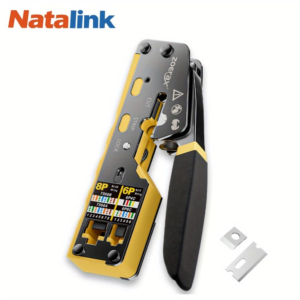 TEMU Rj45 Crimping Tool Designed For Pass Through Connectors, Featuring Cutting, Stripping, And Crimping Capabilities For Cat5e, Cat6, And Cat6a Cables With 23-26awg Wire