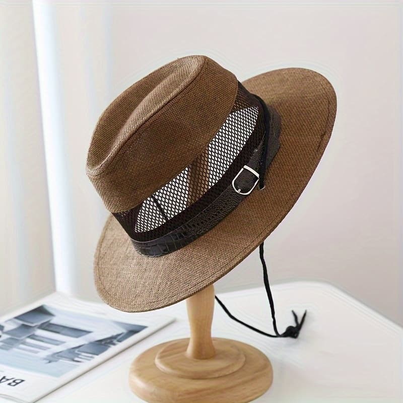 TEMU 1 Men's Sun Hat With Black Strap - Breathable Hollow Mesh, Ideal For Outdoor Sun Protection, Fashionable Street Design, Perfect For Beach Or Hiking, Sun Protection | Stylish Sun Hat