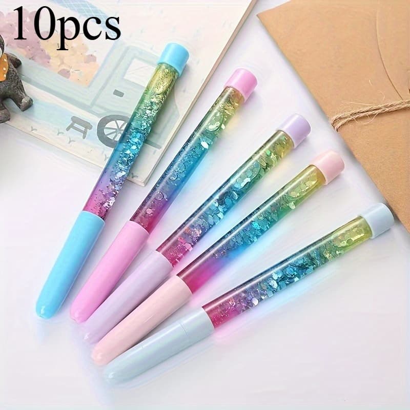 TEMU 10pcs Glitter Quicksand Gel Pens, Medium Point Quick-drying Rollerball Pens, Cute Creative Colorful Signature Pens For Girls, Plastic Material - Assorted Colors