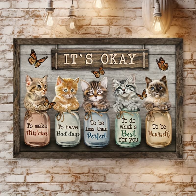 TEMU 2d Flat, 2d Flat, 1pc Framed Canvas Wall Art, Whimsical Cat And Canvas Wall Art With Inspirational Quotes, Rustic Wooden Framed, Perfect For Living Room, Bedroom, Office Decor, Unique Gift Idea