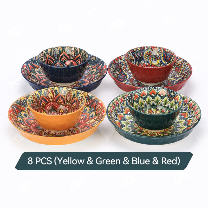 TEMU Vibrant Mexican Bohemian Ceramic Pasta Bowls, Extra Large Mandala Salad Plate Bowl, Set Of 4/8, Versatile Dinnerware For Soup, Pasta & Cereal, Microwave & Dishwasher Safe Chip-resistant