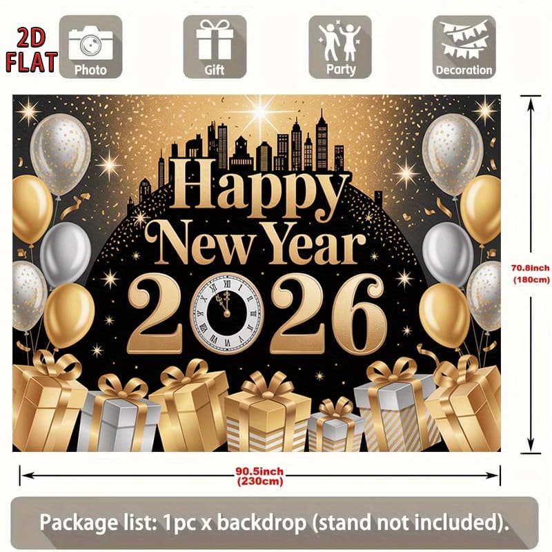 TEMU 2d Flat, 2d Flat Banner, 1pc Party Banner, 2026 Happy New Year And Fireworks Theme Background Happy New Year And Balloons , For Events, Birthday Gift For 90.5x70.8inch Polyester Banner, 2d