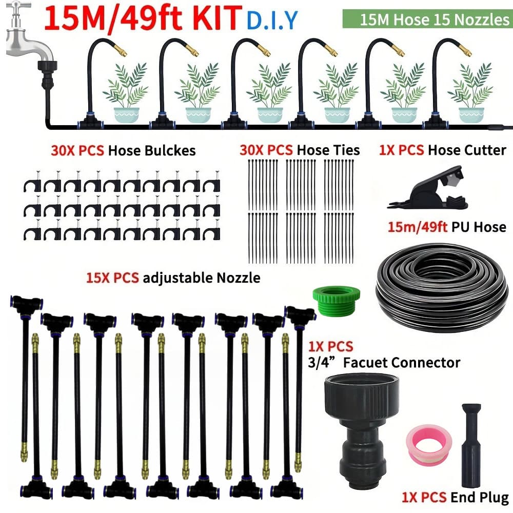 TEMU 5/10/15m Free Bending Universal Spray Kit| For Greenhouse Garden Flowers Plant Watering Irrigation Patio Misting Cooling, Plastic Material