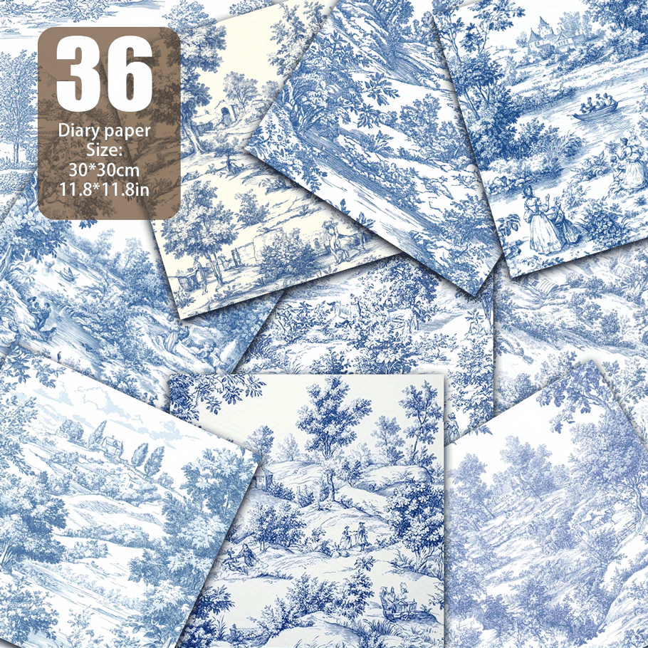TEMU A Set Of 36 Sheets Featuring Traditional Blue And White Designs, Perfect For Backgrounds In Handmade Projects, Junk Journals, And Other Uses