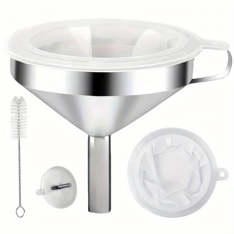 TEMU Stainless Steel Kitchen Funnel Set With Strainers And Cleaning Brush Detachable Strainer And Mesh Filter, Oil, Grease, Juice, Milk Dishwasher Safe, Handle