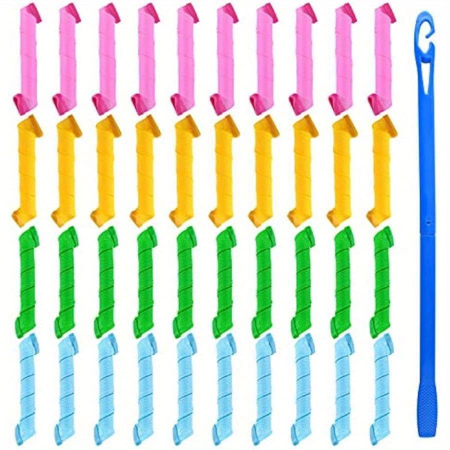 TEMU Set Of 40 Magic Hair Curlers For Spiral Curls, Styling Rollers Kit For Wavy Styles Without Heat, Includes Styling Hooks Suitable For All Hair Lengths, 30cm/12inch Heat- Care