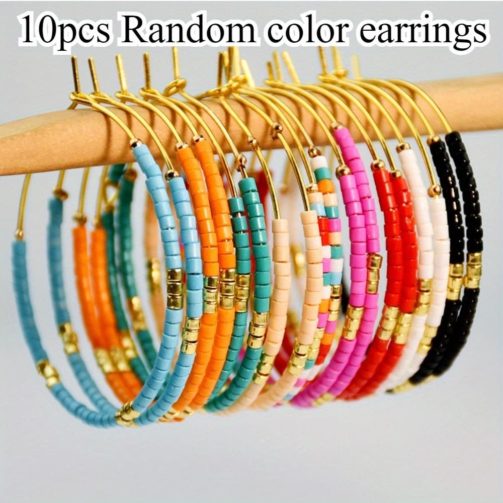 TEMU 10pcs Random Colors Bohemian Style Colorful Rice Bead Earrings Exaggerated Earrings Temperament Earrings Suitable For Women Festival Daily Party Beach Earrings