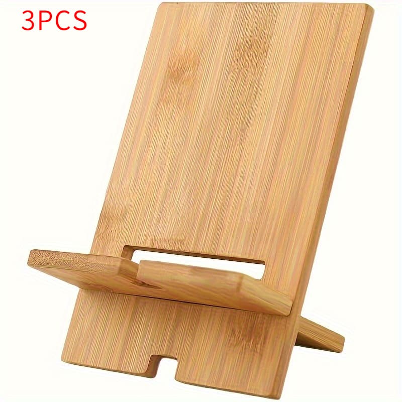 TEMU Set Of 3 Bamboo Phone Stands - Natural Wooden Desktop Organizer, Smartphone Charging Dock
