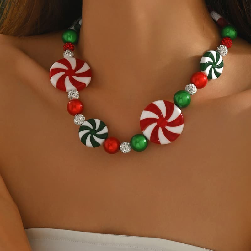 TEMU Women's Christmas Candy Cane & Mint Necklace - Layered Candy Pendant With , Bohemian Suitable For Casual Wear, December Birthstone Jewelry, For Holiday Parties, Festive Gift (no Plating)