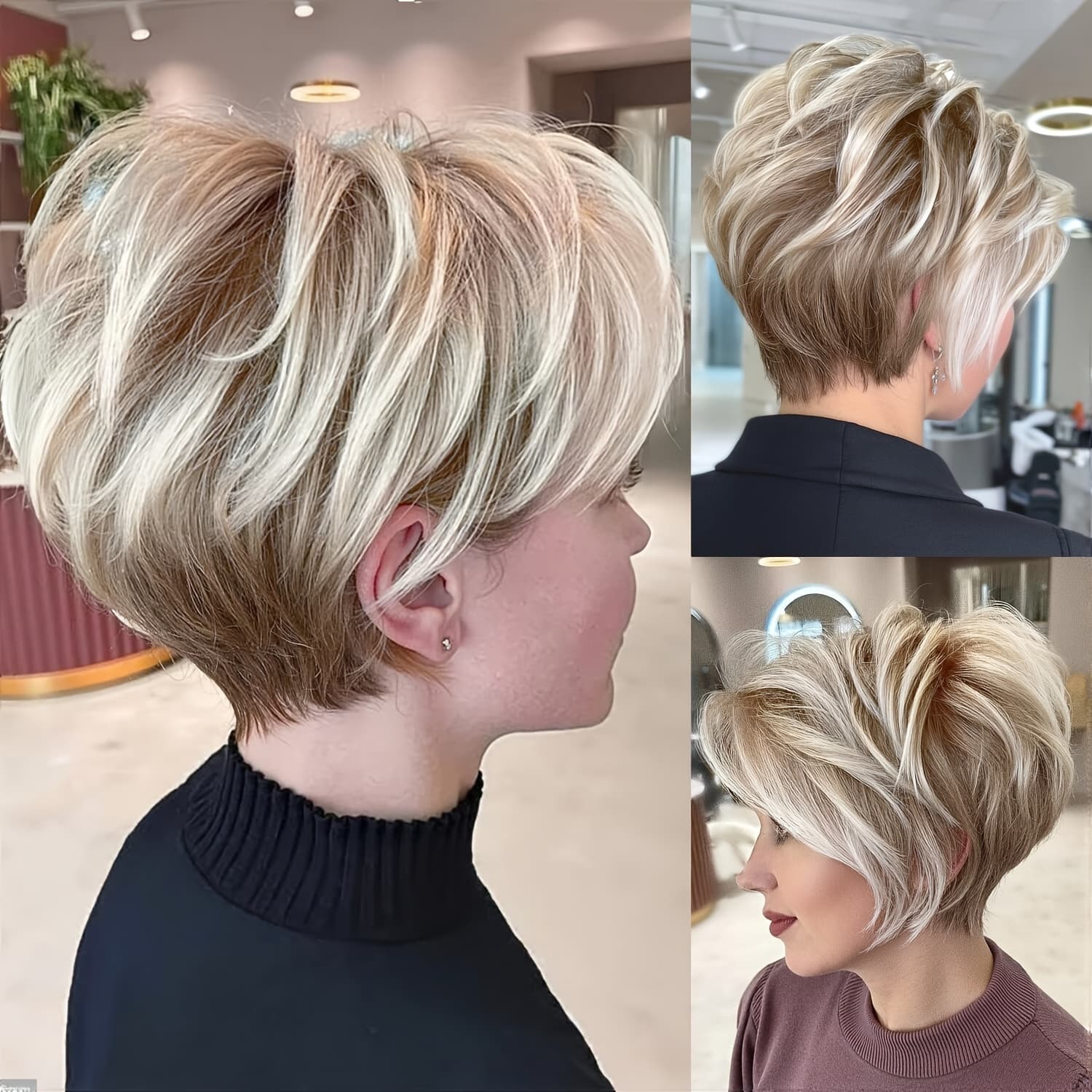 TEMU Women's Short Gradient Golden Wig, Fluffy Wavy Bangs Short Hair, Glue-free Short Straight Synthetic Hairpiece, Fluffy Wavy Short Hair, For Daily Use