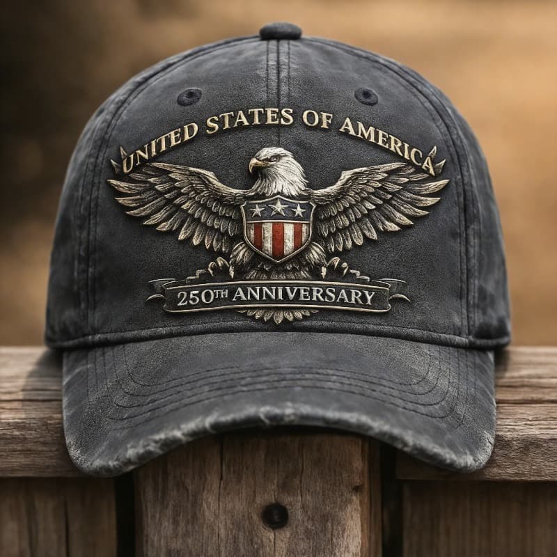TEMU Usa 250th Anniversary Shield & Eagle Cap: Distressed Gray Hat With Embossed . Woven Fabric For . Perfect For Day Celebrations, Patriotic , And Everyday Wear