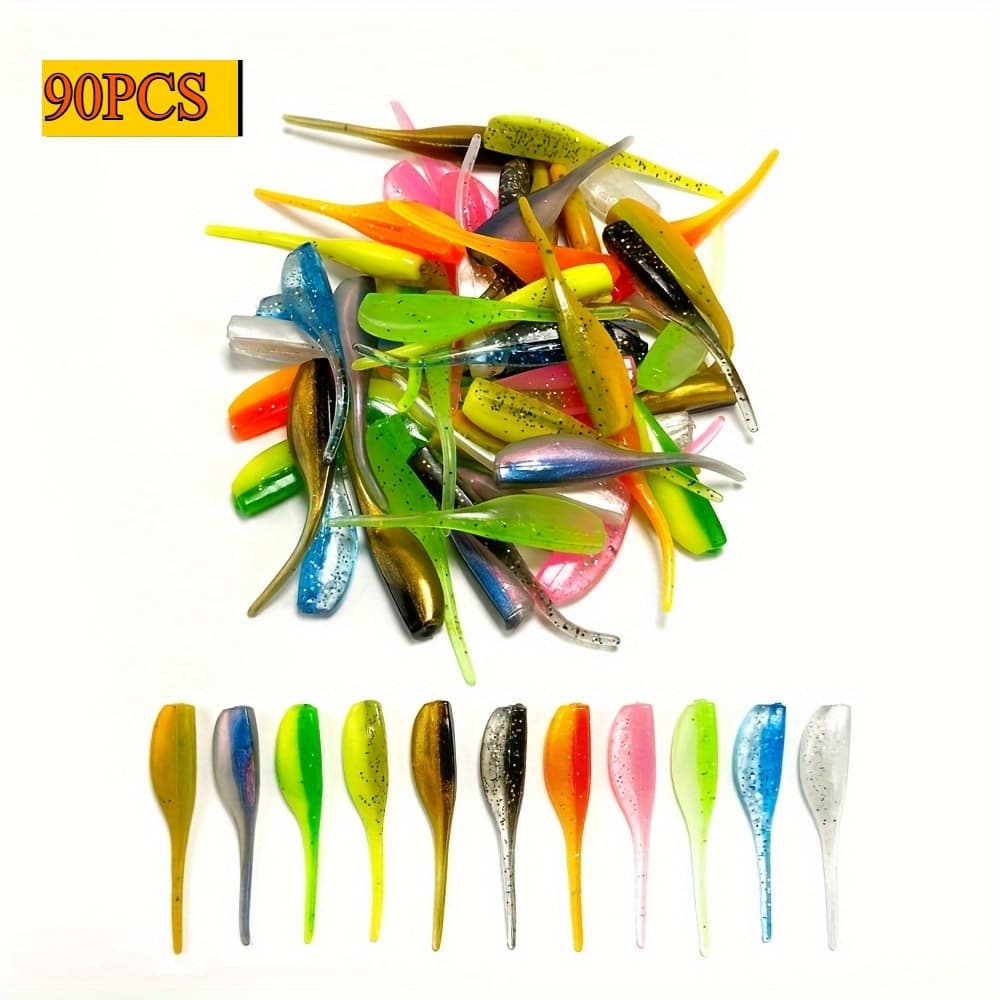 TEMU 90pcs 1.97" Needle Tail Soft Baits - Mixed Colors (green/ Blue/ Yellow/ Pink/ Orange) | Fishing Lures | Silicone, | For Freshwater & Saltwater