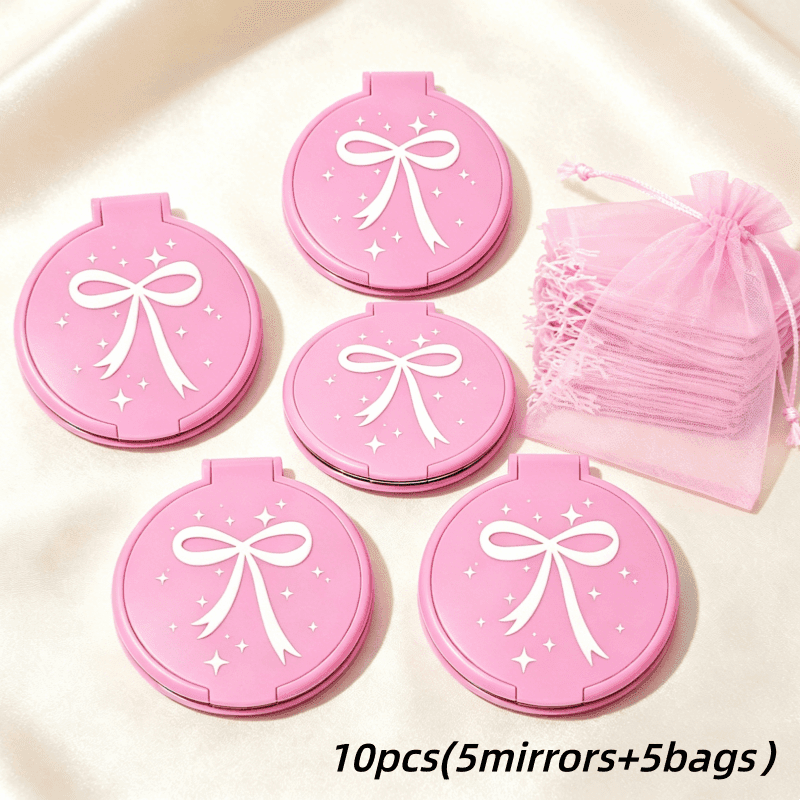 TEMU 10pcs Set Pink Bow Mini Pocket Mirror Set, Compact Round Folding Makeup Mirror, Korean-style Vanity Accessories, With Pouch, Perfect As A Party Favor Or Bridal Shower Gift