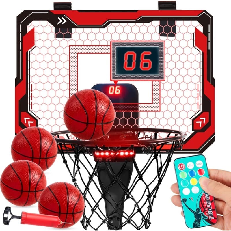 TEMU Mini Indoor Basketball Hoop, Light Up Over The Door Basketball Hoop For Kids With Scoreboard & 4 Balls, Bedroom Indoor Basketball, Basketball Toys Gifts For Boys Girls Ages 3 And Up(red)