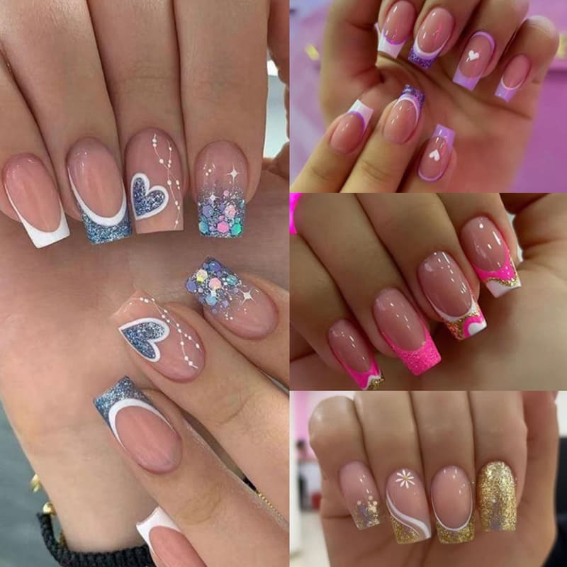 TEMU 96pcs(4packs) French Tip Fake Nails With Glossy Medium Square Emboxed Nails, Shiny Glue Nail Set With Adhesive Label, Women' Hand File