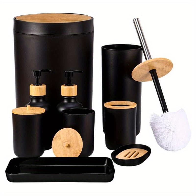 TEMU Black Bathroom Accessories Set 9pcs, Matte Black Bathroom Accessory Sets Complete With Trash Can, Soap Dispenser And Toothbrush Holder Set, Soap Dish, Qtip Holders, Toilet Brush Holder