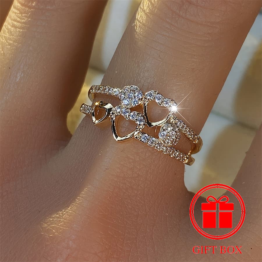 TEMU Elegant 14k Golden Plated Copper Ring With Hollow And Synthetic Cubic Zirconia - December Birthstone, Luxurious Daily Wear Jewelry For Women, Ideal Valentine's Day Gift