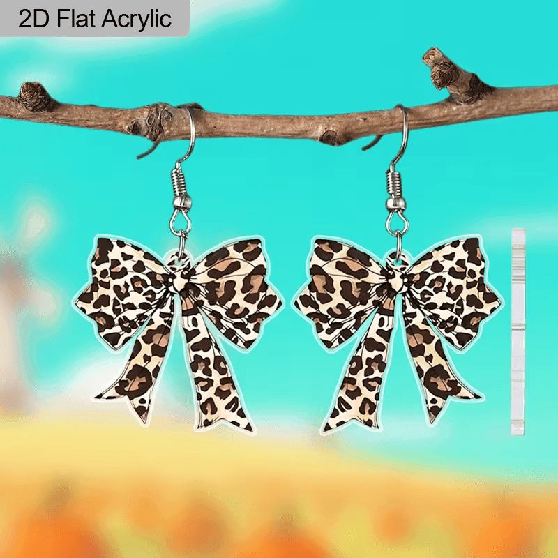 TEMU 2d Flat, Autumn Winter Cute Leopard Print Bow Earrings Pair, Acrylic Material, Fun Women' Wear Jewelry, Suitable For Dates And Party Occasions