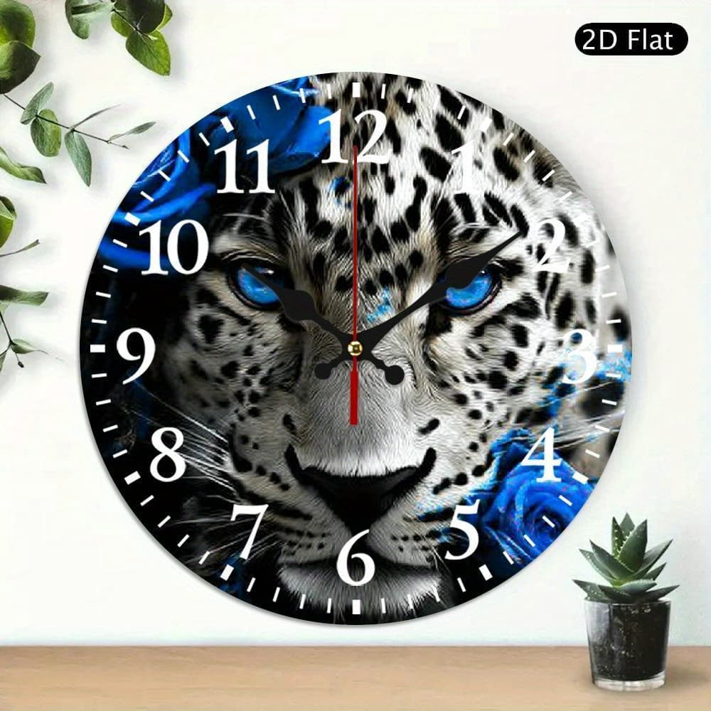 TEMU 2d Flat 10 Inch Wooden Wall Clock, Leopard Blue Roses Gothic Print, Battery Operated (aa Not Included), Perfect For Living Room, Dorm, Bedroom, Kitchen, Home Office & More, Wall Clock Living Room