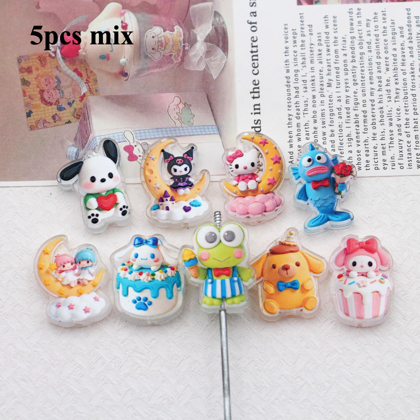 TEMU 5pcs Kuromi, Melody, Cinnamoroll, Hello Kitty Acrylic Printed Through-hole Beads For Jewelry Making, Diy Handmade Decorative Bracelets, Necklaces, Hair Clips, Hair Ties, And Earrings Materials