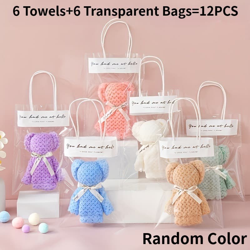 TEMU 12pcs/6 Towels And 6 Transparent Bags Random Color Bear Towel Gift Set, Transparent Bag Souvenir Gift - Perfect For Weddings, Birthdays, Easter Gifts, Gifts, Party Gifts, Etc