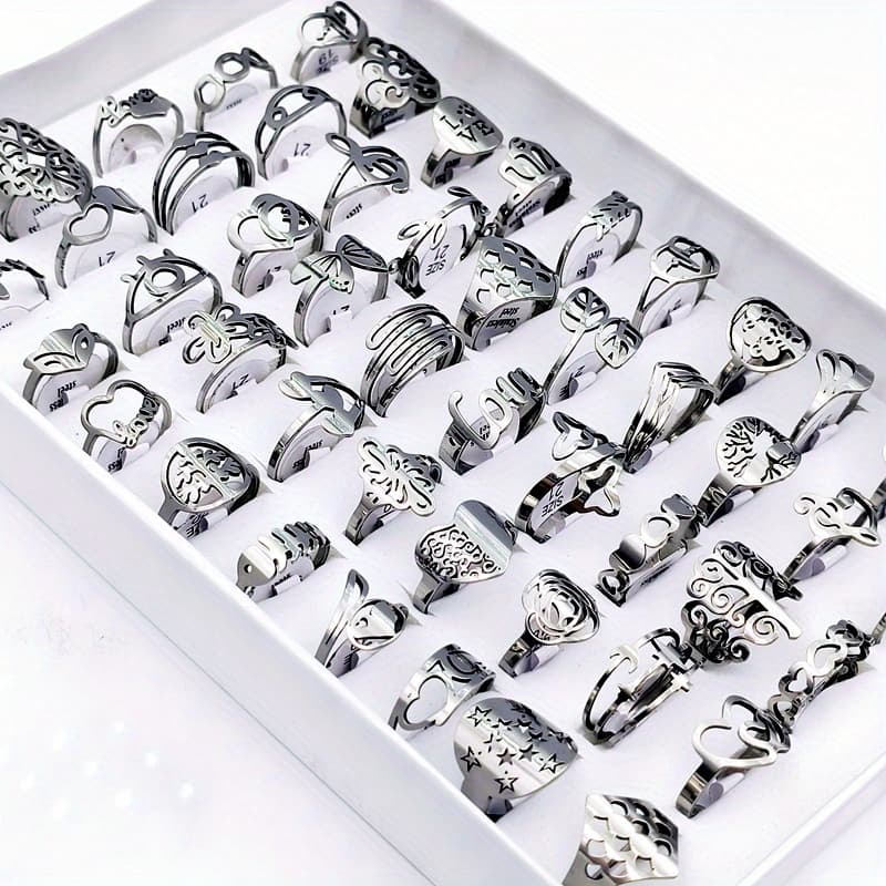 TEMU 20pcs/lot Stainless Rings For Men And Women Fashion Charm Jewelry Gift Hollow Flower Finger Rings Wholesale