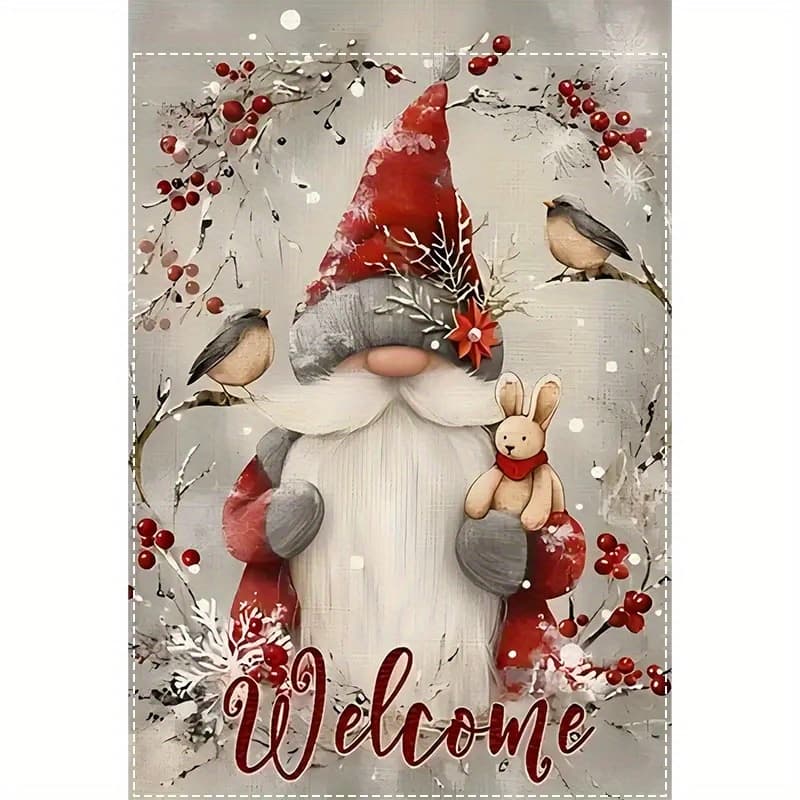 TEMU Double-sided Christmas Garden Flag - Durable Linen Material, Outdoor Welcome Gnome Design With Red Berries And Snowflakes, Winter Farmhouse Decor, 12x18 Inches (flag Pole Not Included), Gnome