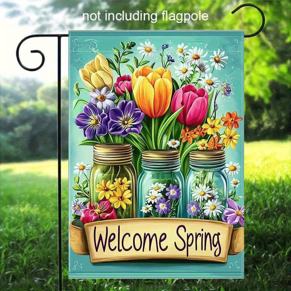 TEMU 1pc Double-sided Linen Garden Flag - Vibrant Spring With "welcome Spring" Text, 2d Print, No Pole Included, Outdoor Seasonal Decor, Garden Decoration