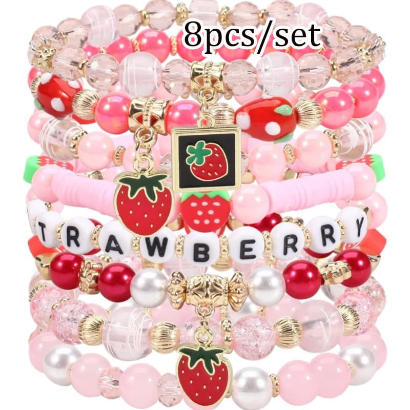 TEMU 8pcs Alphabet Strawberry Pendant Pink Bracelet Set, Cute Layered Stacking Bracelets For Women, Adjustable Dainty Beaded Charm Bangle Set, Kawaii Multilayer Jewelry Gift For Teens