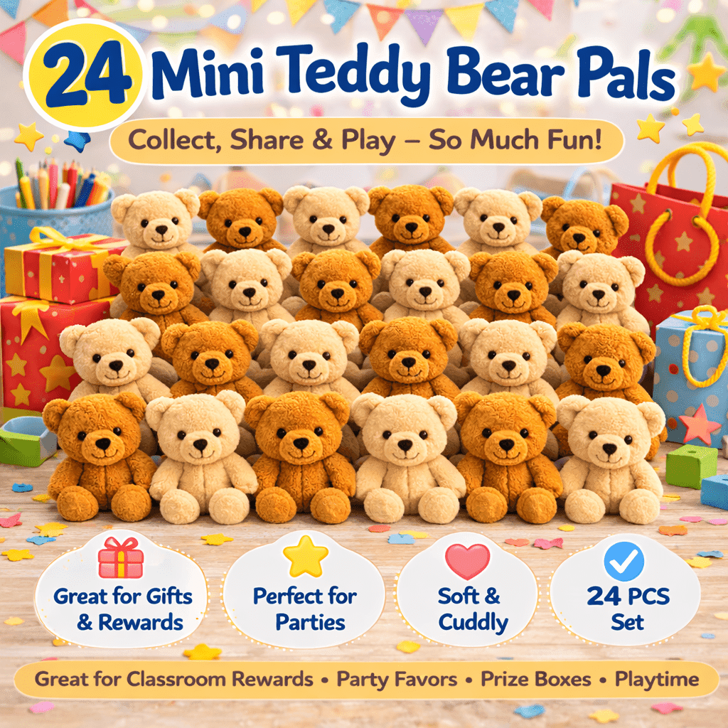 TEMU 24pcs Mini Teddy Bear Bulk, Small Stuffed Bear Toys For Classroom Rewards, Party Favors, Goodie Bags, Prize Box Fillers, Desk