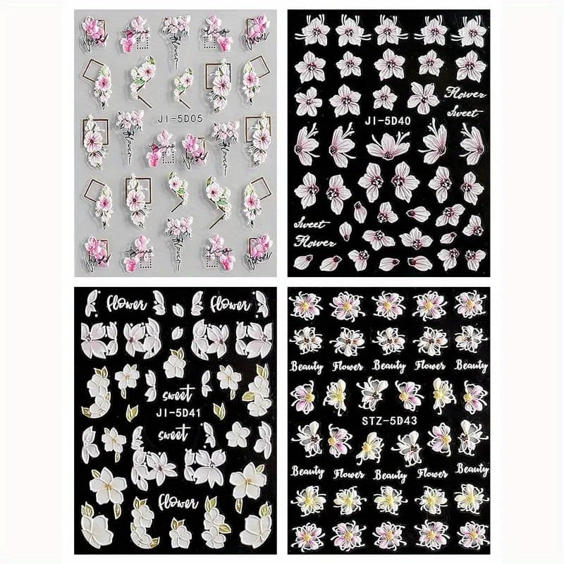 TEMU 4 Sheets, 5d Embossed Spring Nail Art Stickers, Selfadhesive Summer Flower Nail Art Decals For Dly Or Nail Salons, Nail For Women And