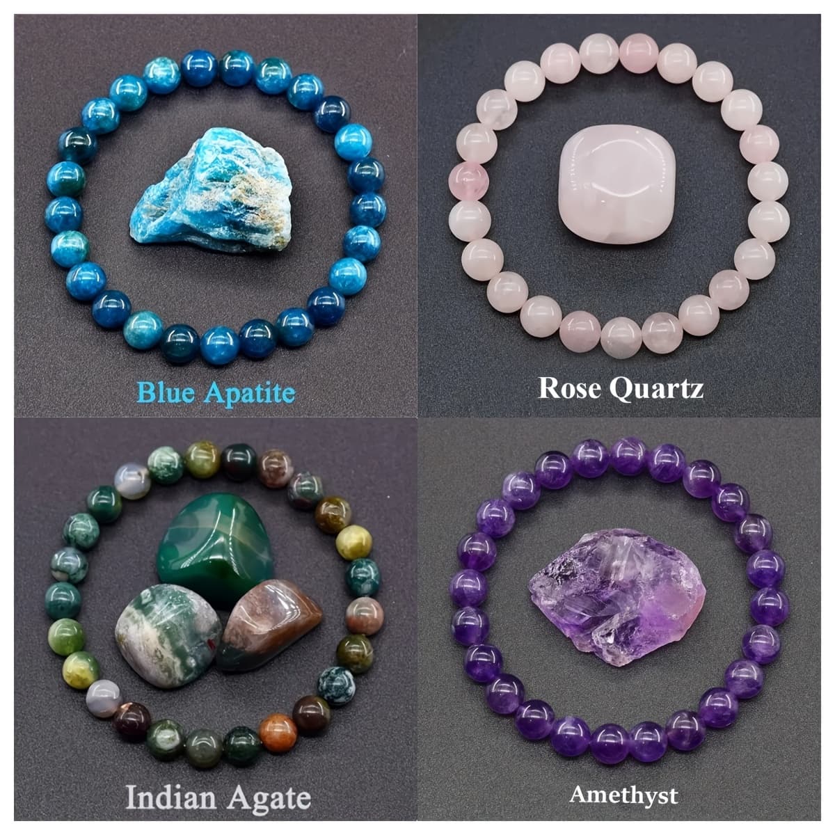 TEMU 4pcs Natural Stone Bracelet Set- Elegant Bohemian Style With Blue Apatite, Amethyst, Rose Quartz, And Indian Agate, Daily Wear Gifting, Everyday Accessory|natural Stone Bracelet|polished Finish